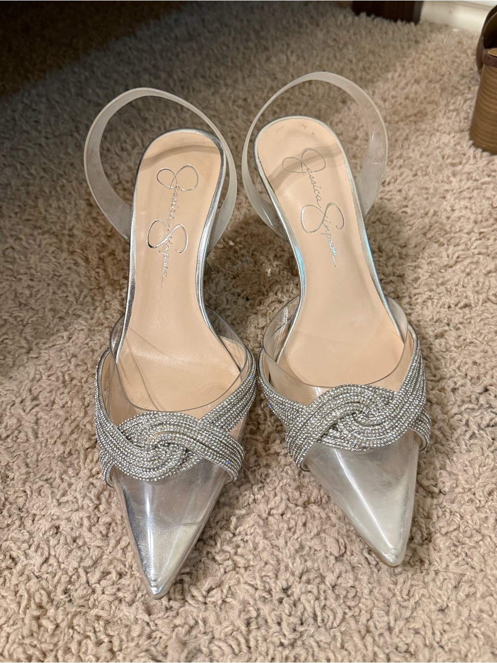 Jessica Simpson Silver Crystal-Knot Pointed Slingback Heels